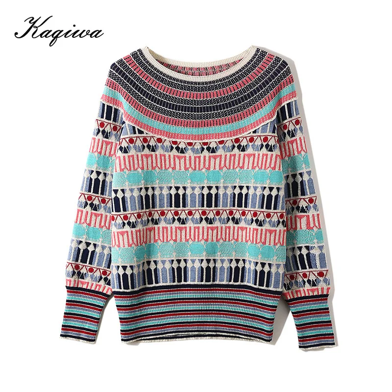 Vintage ethnic sweater women 2020 autumn/winter new contrast color gold line pullover base knitting B-035 | Женская одежда