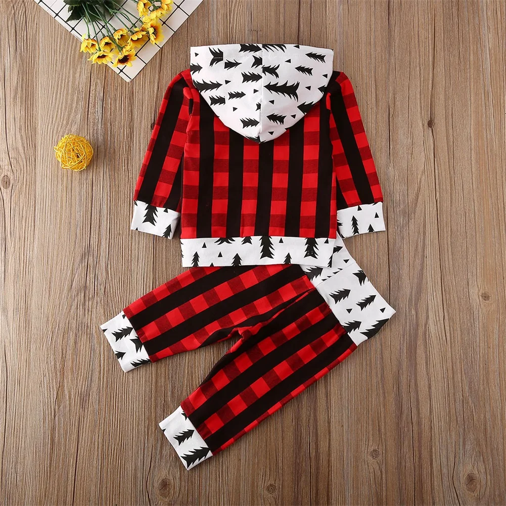 Рождественская Одежда для новорожденных мальчиков и девочек, клетчатый топ с капюшоном и рисунком Санты, леггинсы штаны, Рождественская одежда осенняя теплая одежда из 2 предметов