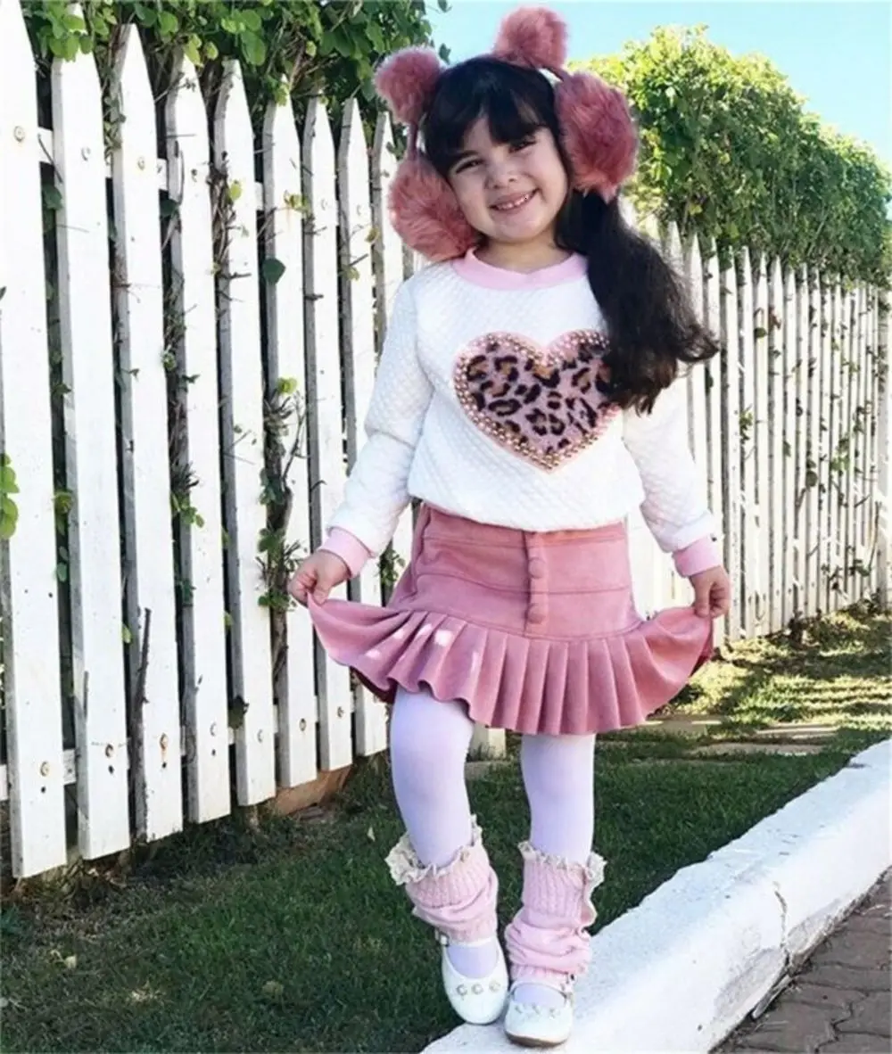 2pcs Baby Girl Toddler Kids Shirt Top Velvet Pleated Skirts Outfits Clothes Print Baby Girl Cloth 0-5 T