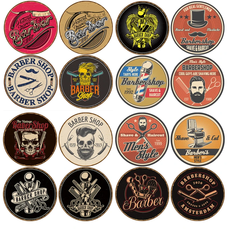 

Round Plate Sign Hanging Craft Poster Tin Sign Decor For Barbershop Barber Art Painting Retro Metal Plaque Iron Painting 30x30cm