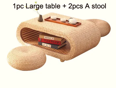 L table 2pcs A stool 1 шт стол+ 2 шт табурет пасторальный стиль овальной формы соломенный Плетеный чайный столик японский антикварный журнальный столик маленький чайный столик - Цвет: L table 2pcs A stool