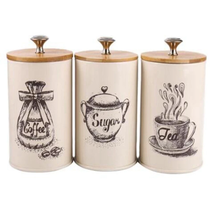 

3 Pieces Metal Canisters Set Dry Food Storage Container for Kitchen Counter, Tea Sugar Coffee Canister