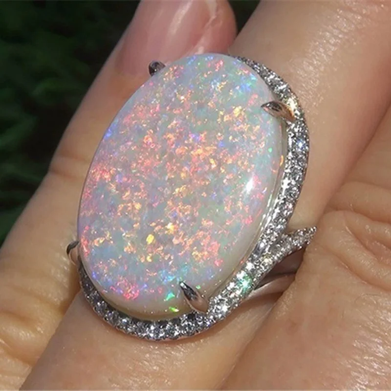 Personality Fashion Large Oval Egg Shaped Opal Ladies Ring For Women Exaggerated Crystal Wedding Ring Jewelry