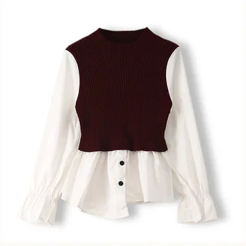 

Spring Fall Half Turtleneck Sweater Female Clothing Patchwork Fake Two Piece Knitted Tops Irregular Women Outerwear TA3141