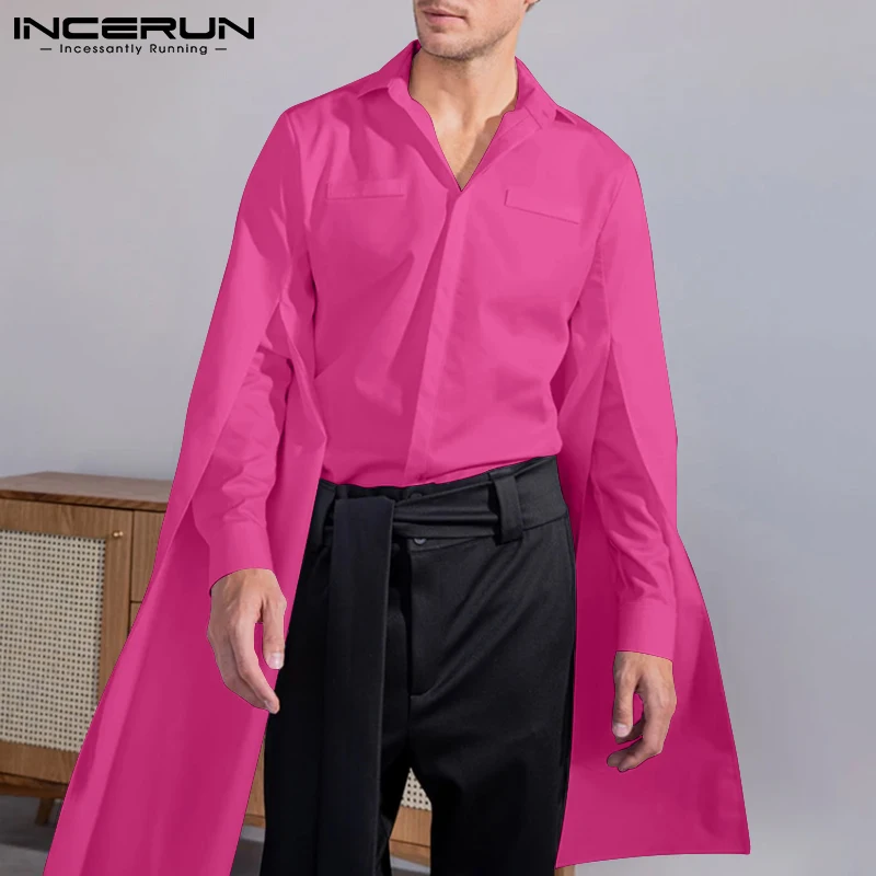 Men Casual Long Sleeve Shirt Lapel Flare Button Solid Color Streetwear