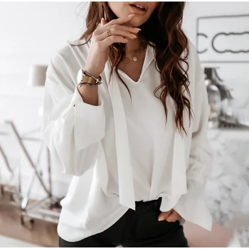 

Women White Solid Butterfly Long Sleeve Blouse Female Loose V-neck Bandage Tops 2020 Fashion Casual Fashion England style