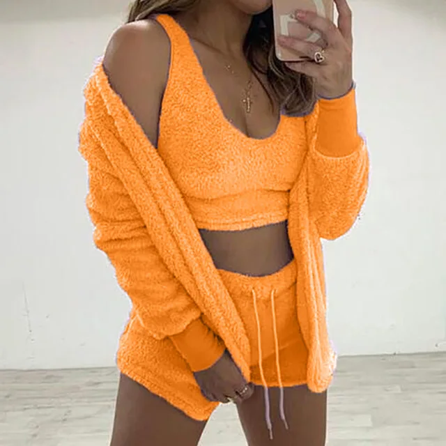 Three Piece Sexy Fluffy Outfits Plush Velvet Hooded Cardigan Coat+Shorts+Crop Top Women Tracksuit Sets Casual Sports Sweatshirt plus size jogger set