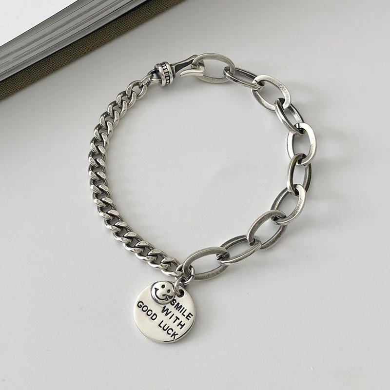 

S925 Fine Silver Cartoon Smiley Bracelets Korean Style Retro Retro Thai Silver Cool Joint Bracelets Women's Best Friend Gift