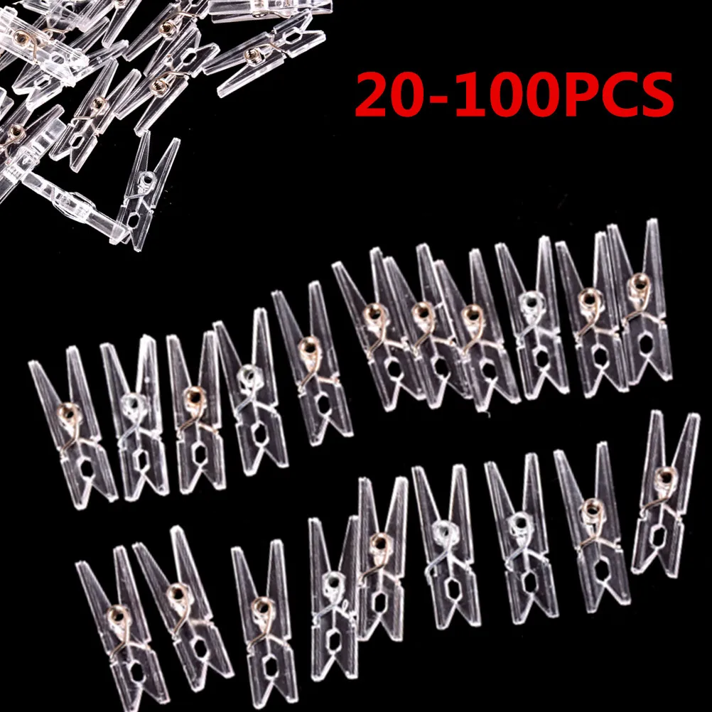 Hot! 20pcs/100pcs 25mm Mini Spring Clear Transparent Clips Clothes Photo Paper Peg Pin Clothespin Craft Clips Party Home Decor