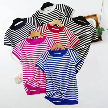

Short Sleeve Pullover Women Sweater Knitted 2020 Summer Striped Sweaters Plus Size Tops Korean Pull Femme Jumper Female O-Neck