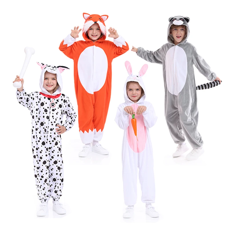 Animal Pajamas Bodysuit Kids Bunny Romper Costume Dalmatian Fox Animals Onesies Carnival Hooded Jumpsuits For Children |