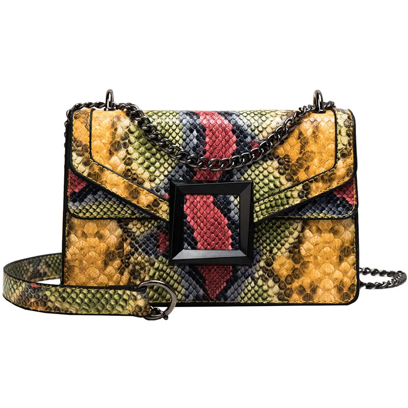 Messenger Bag Serpentine Pattern Crossbody Bag Snake Print Women's Shoulder Bag Stitching Hit Color Chain Small Square Snake Bag - Цвет: Цвет: желтый
