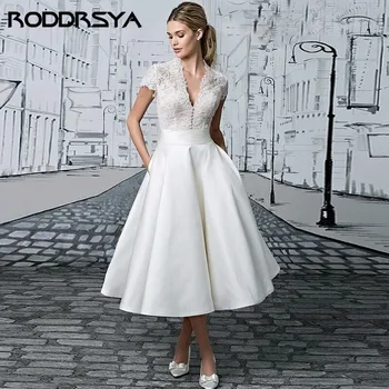

White Prom Dress 2020 with Pockets Evening Dress Tea-Length Party Dress V Neck Cap Sleeve Prom Gown