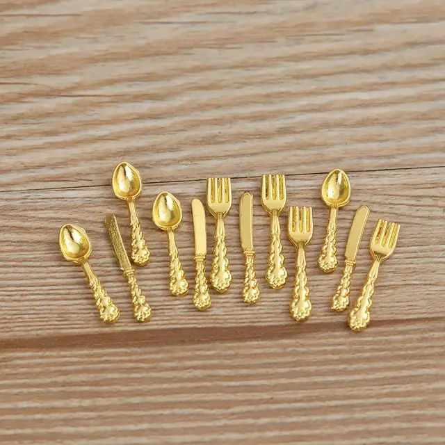 12 Pcs Toy Dollhouse Miniature Furniture Gold Silver Simulation Mini Cutlery Doll Accessory Fork Knife Spoon Doll Home Supplies 2