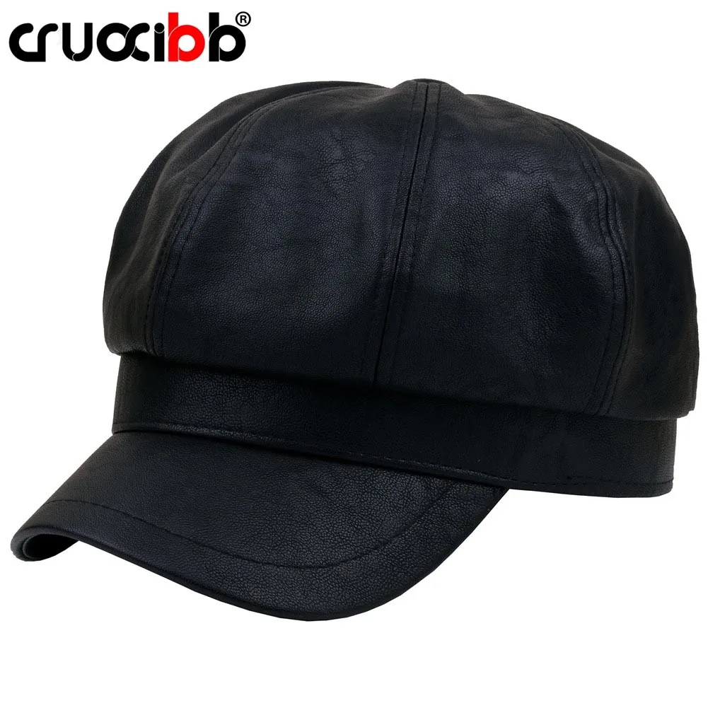 

CRUOXIBB Newsboy Caps for Women 8 Panels PU Leather Cabbie Painter Hat Gatsby Ivy Beret Cap