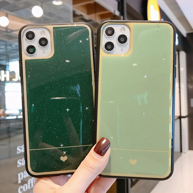 USLION Блестящий блестящий чехол для телефона с сердечком для iPhone 11 Pro Max X XR Xs Max сплошной цветной блестящий чехол для iPhone 6 6s 7 8 Plus