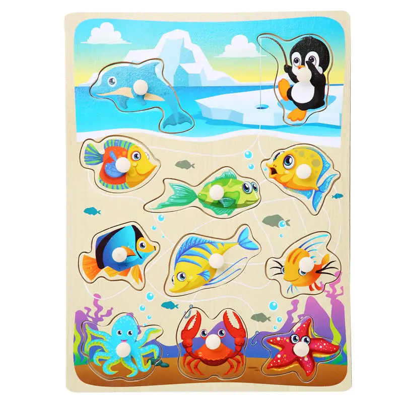Dropshipping Baby Toys Hand Gripper Puzzles Wooden Toys For Kids Animal/Digital/Ocean Puzzle Educational Preschool Teaching Aids - Цвет: Penguin fishing
