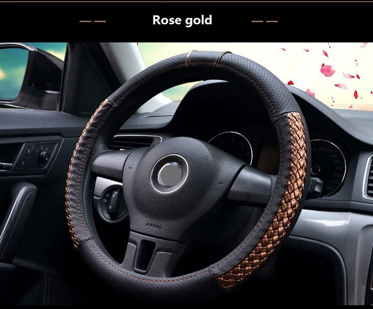 Автомобильный чехол на руль с оплеткой из плетеной кожи, розовый, красный, синий, золотой, 35, 36, 37, 38 см, диаметр 14 дюймов, 15 дюймов, чехлы на руль, автомобильные аксессуары - Название цвета: 35-36cm  Rose gold