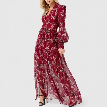 

HAMALIEL Autumn Women Holiday Maxi Dress Runway Designer Chiffon Floral Print Beading Split Long Dress Sexy Lantern Sleeve Dress