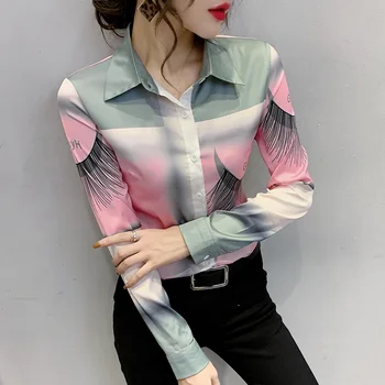 

#3094 Women Shirt Long Sleeved Slim Lapel Collar Office Blouse Casual Ladies Shirt Tie Dyed Printed Womens Tops