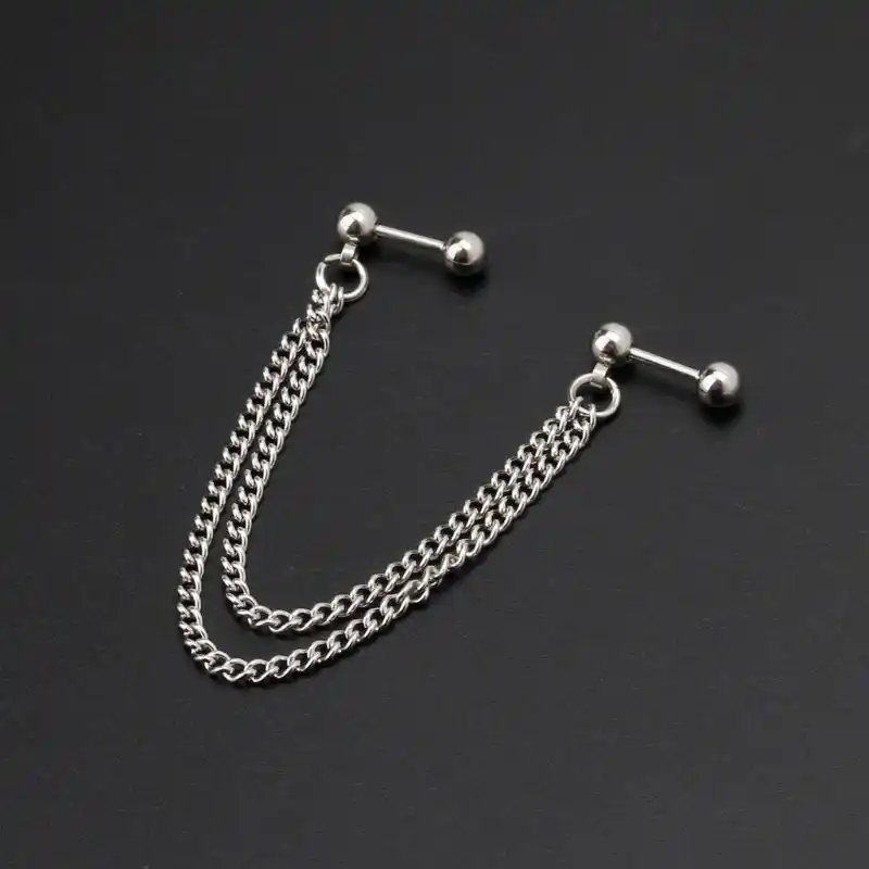 Punk Ball Stud Cartilage Ear Cuff Wrap Double Chain Piercing Earring Unisex