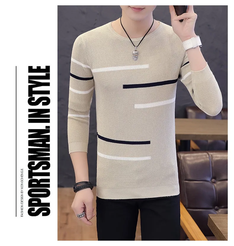 MoneRffi Autumn Fashion Casual Men's Slim New Sweater O-Neck Striped Slim Fit Knittwear Mens Sweaters Pullovers Men Pull Homme