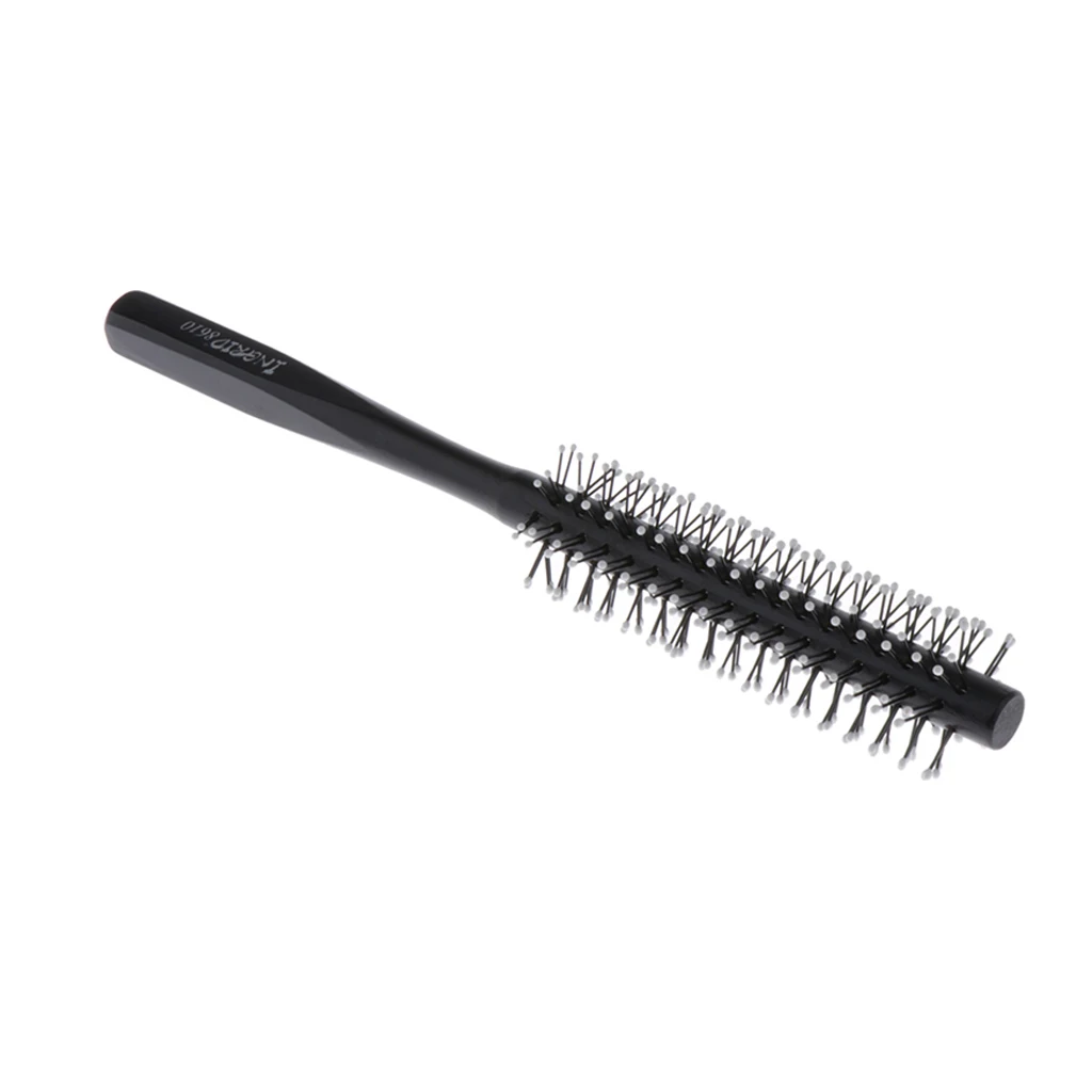 1 Piece Small Mini Round Hair Brush Nylon Bristles, Black Long Wood Handle Hair Blow Drying Styling Roll Hairbrush