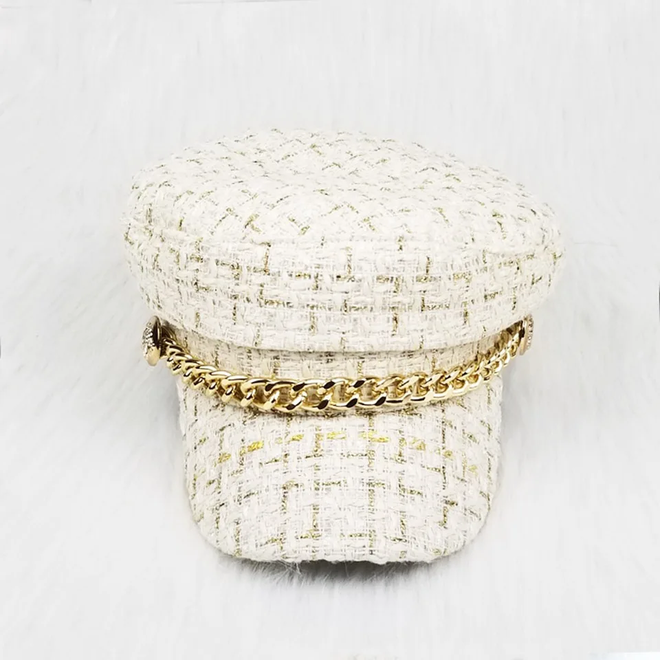 Модная шерстяная шапка золотая шелковая решетка в клетку дикая восьмиугольная шапка осенне-зимнего ретро сшитая цепь берет женск