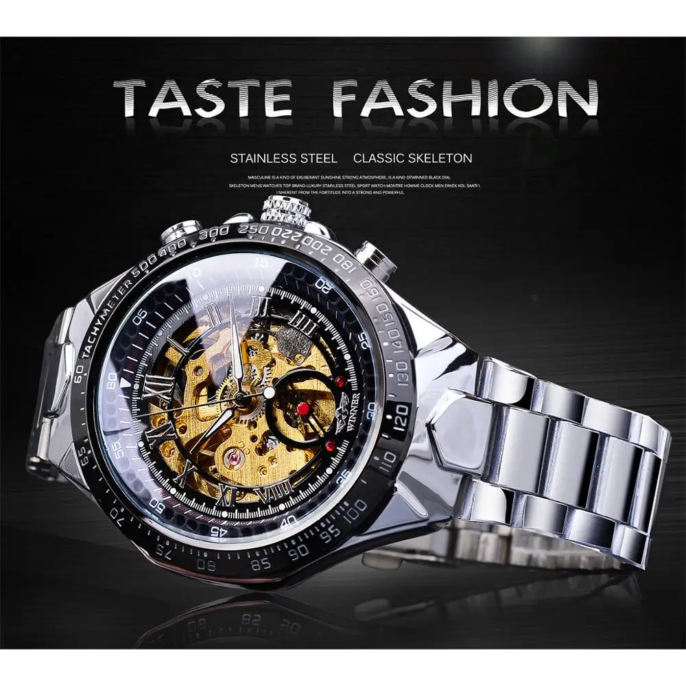 Winner-Reloj de pulsera de acero para hombre, accesorio masculino con movimiento dorado, reloj mecánico de pulsera automático de marca superior de lujo, a la moda - Imagen 2