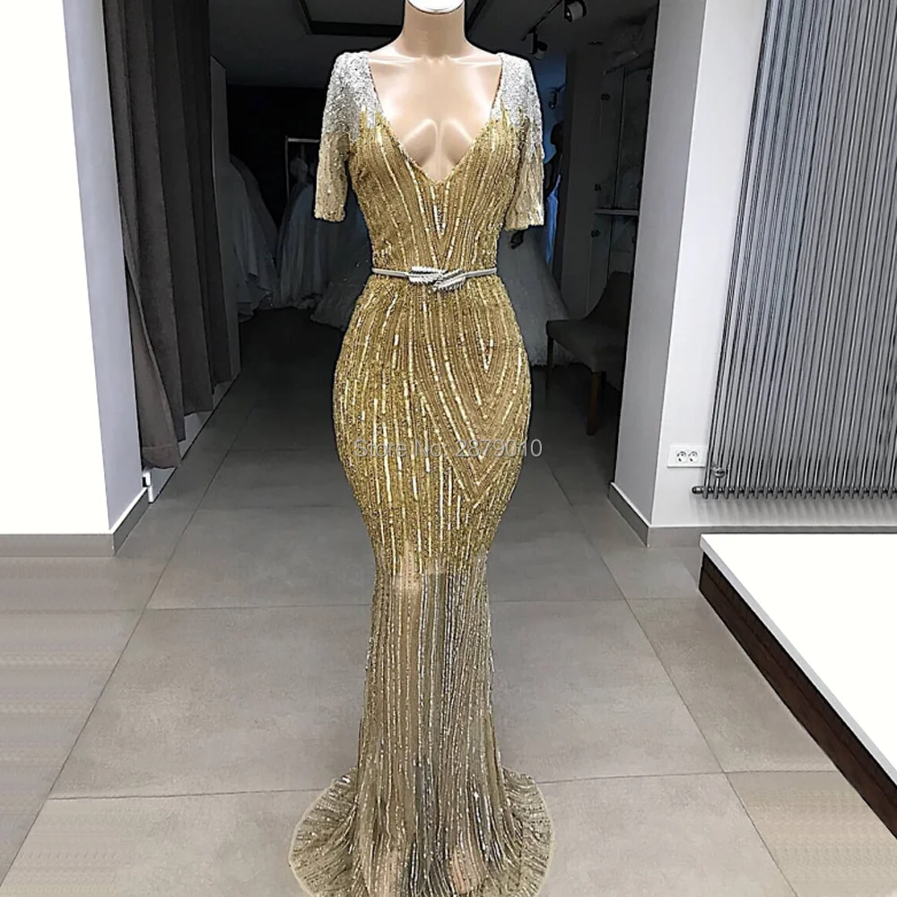 Haute Couture V-Neck Mermaid Evening Dress Short Sleeves Women Dress Floor-Length Prom Dress Sash Middle East Saudi Arabia