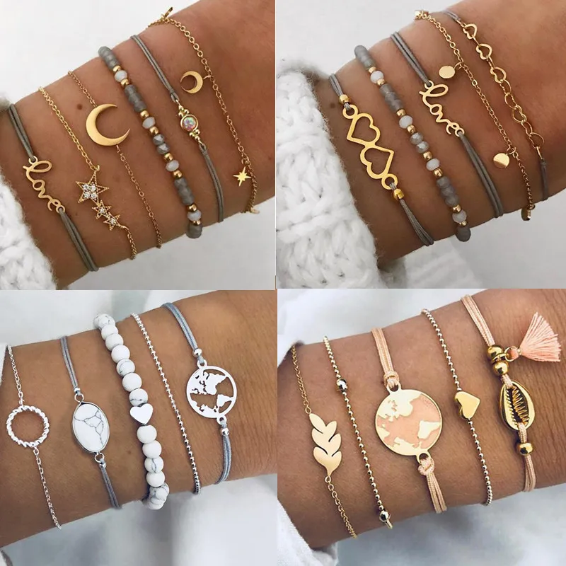 

Bohemian Grey Pink Rope Chain Bracelets Bangles for Women Star Ocean Moon Color Heart Charm Bracelets Sets Jewelry Gifts