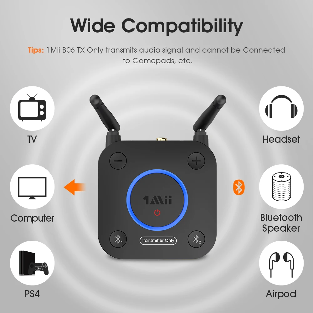 Фото Bluetooth передатчик 1Mii B06TX, аудио Aptx LL HD, двухсторонний коаксиальный Оптический RCA 3,5 мм, Aux беспроводной адаптер для ТВ, ПК, наушников # №2