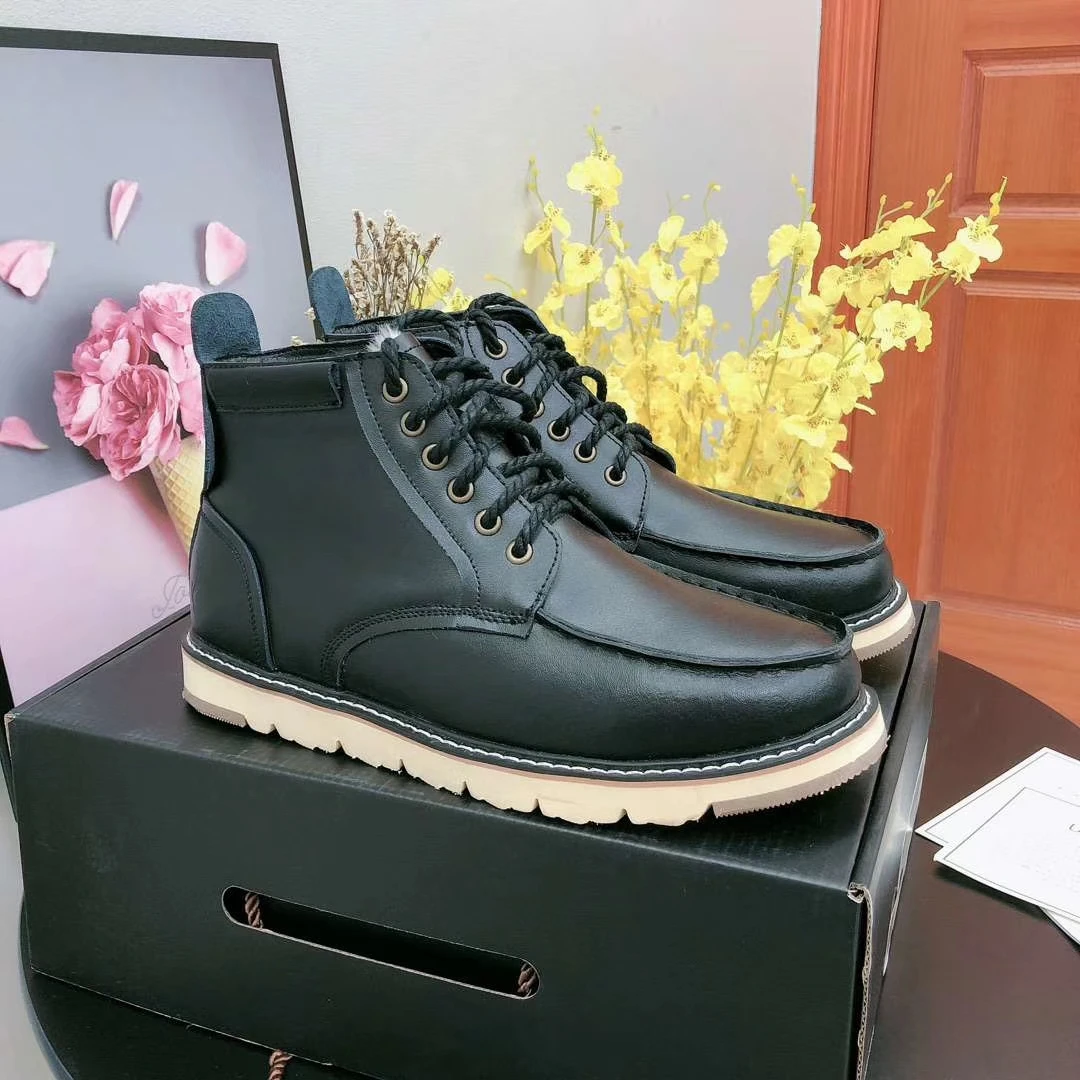 black Australian Brand Sheepskin Leather Wool Fur Lined Men Lace-Up Short Ankle Winter Snow Boots For Man Casual Shoes Waterproof - Цвет: black