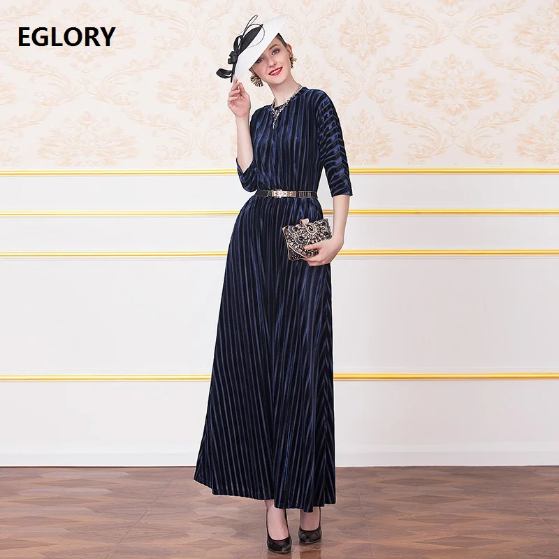 

Velvet Long Dress 2019 Autumn Winter Party Evening Women O-Neck Striped Pattern 3/4 Sleeve Dark Blue Long Maxi Dress Plus Size