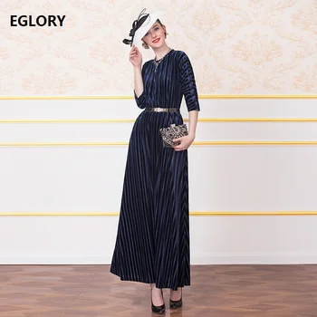 

Velvet Long Dress 2019 Autumn Winter Party Evening Women O-Neck Striped Pattern 3/4 Sleeve Dark Blue Long Maxi Dress Plus Size