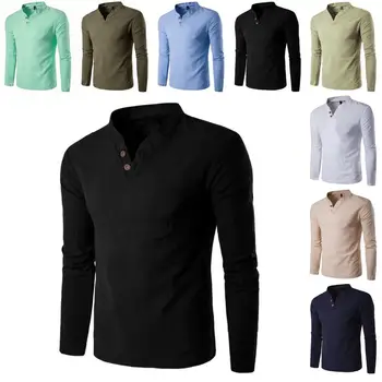 

Simple Men Chinese Style Button V-Neck Long Sleeve Stand Collar Cotton Linen Shirt Top