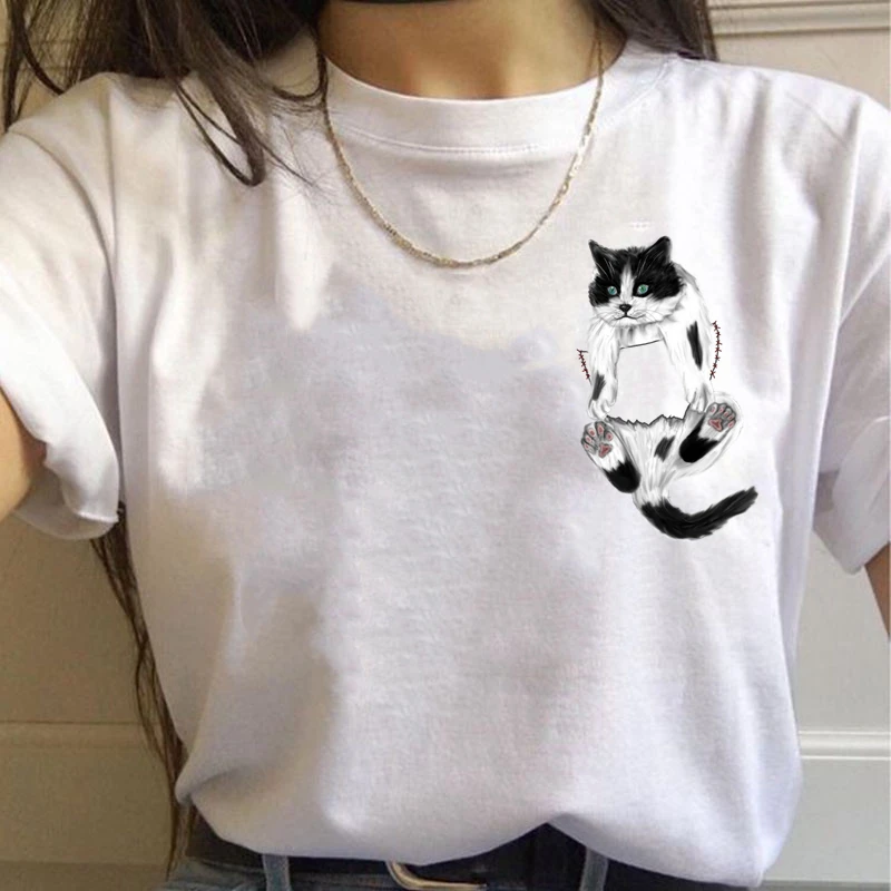 Maglietta semplice e carina da donna Maglietta oversize estiva Divertente tascabile Cartoni animati Stampa magliette Casual Manica corta O-Collo Tops861_voghion.com