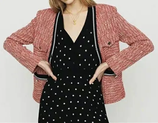 

Houndstooth Plaid Jacket Tweed Coat Casual Pockets Outwear Sweet Office Lady V Neck Jacket Spring Autumn