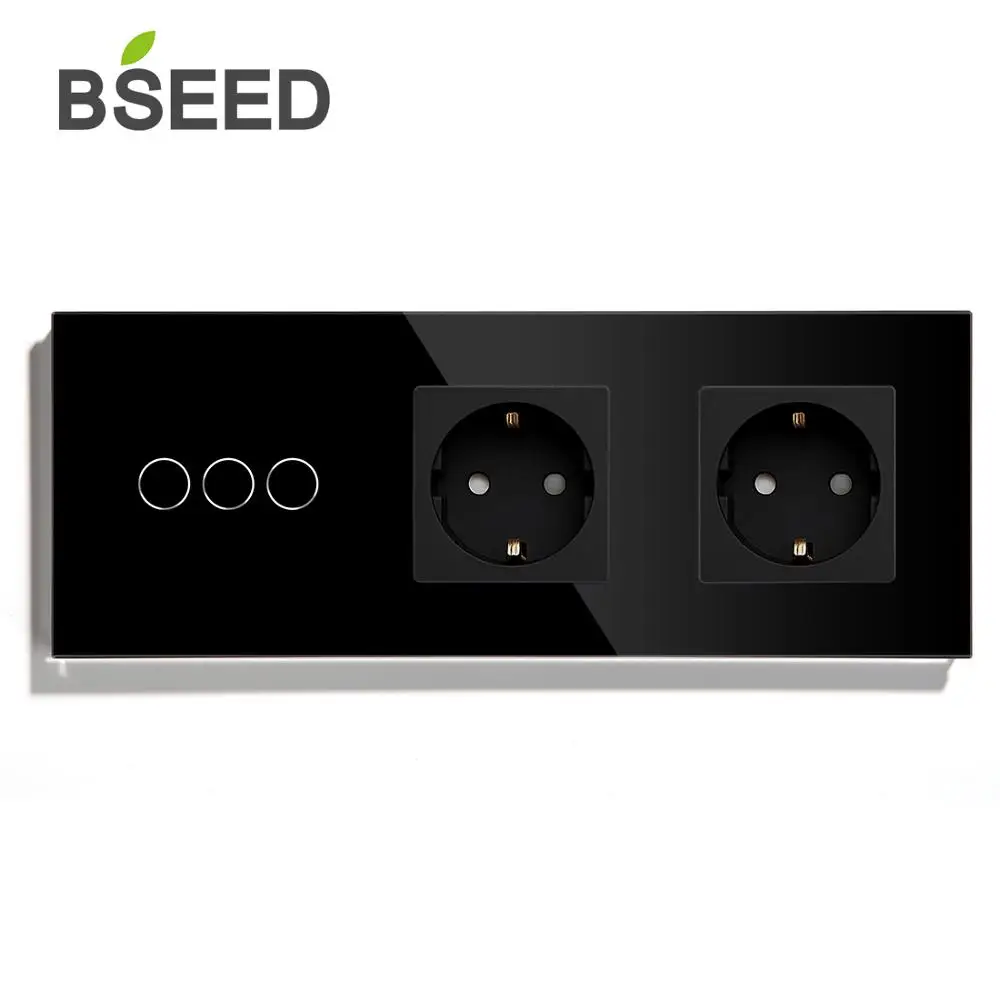 BSEED стандарт ЕС 1 банда 2 банды 3 банды 1 способ 2 пути сенсорный выключатель с двойной розеткой черный белый золотой кристалл стеклянная панель - Цвет: Black 3Gang