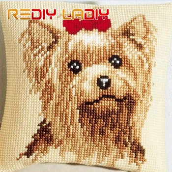 

LADIY Cross Stitch Pillow Cover Yorkshire Terrier Decorative Pillow Case DMC Counted Cross-Stitch Kits Dog Cushion