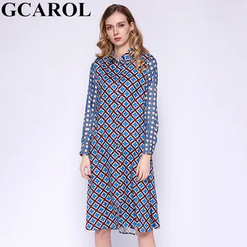 

GCAROL 2020 Spring Women Geometric Floral Shirt Dress A-Line Asymmetric Streetwear Vintage Long Dress XS-L