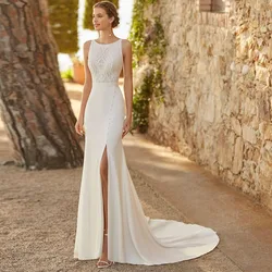 Sevintage Boho Wedding Dresses High Side Split Mermaid Satin Bridal Dress Sleeveless O-Neck Wedding Gown Vestido De Novia