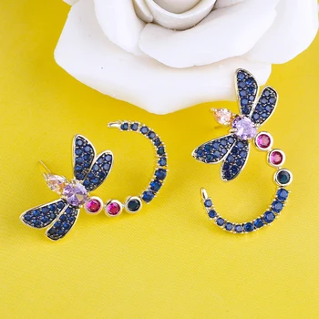 

Insect Dragonfly Stud Earrings Multicolor Cubic Zircon Paved Earrings for Fashion Lady 925 Post Anti-allergy VERY GIRL Jewelry