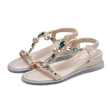 

2021 new summer women's sandals fairy wind slope with diamond net red beach fashion flat Roman style women's sandals
