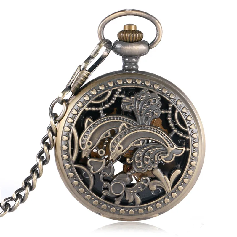 Bronze Hollow Out Dolphin Case Unisex Pocket Watch with Handwinding Mechanical Movement Arabic Numeral Dial Fob Pendant Chain