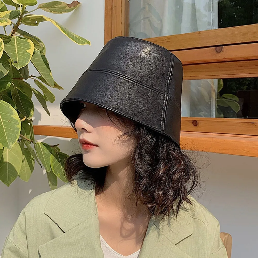 PU Leather Winter Bucket Hat For Women Girl Fashion Solid Soft Keep Warm Fishing Cap Outdoor Vacation Hat Cap Lady Panama