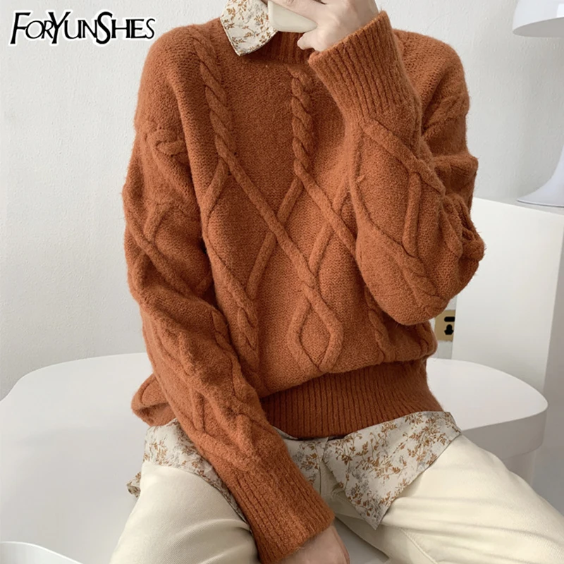 

FORYUNSHES Women Knitted Sweaters Warm Pullover Female Crewneck Twist Pattern Solid Orange Jumpers 2020 Autumn Winter Christmas