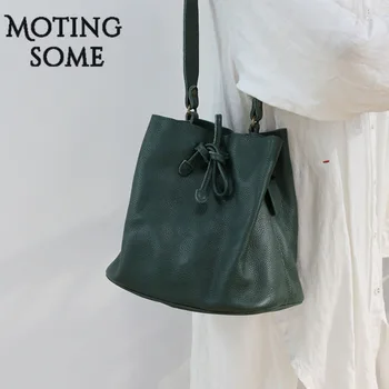 

Causal Style Genuine Leather Women Shoulder Bag Cowhide Calfskin Natural Leather Draw String Designer Handbag 2020 Trend New