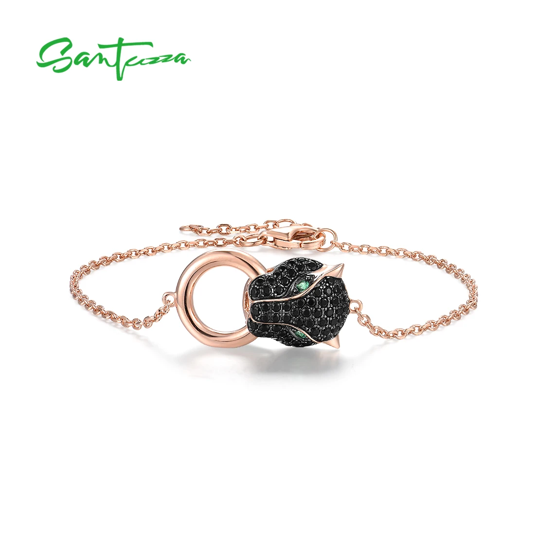 Santuzza Black Panther Spinel Ring - 14K Rose Gold Plated Sterling Silver, Leopard Head Design, Size 7.5