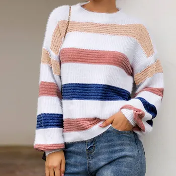 

Rainbow Striped Women's Sweater Pullovers Jumper Knitted Winter O Neck Casual Loose Sweaters Long Sleeve Warm Female Clothe Top
